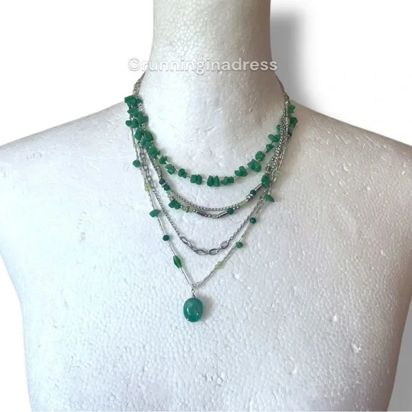 NWT Free People Aurelia Layered Necklace In Jade Green & Silver - Picture 9 of 10